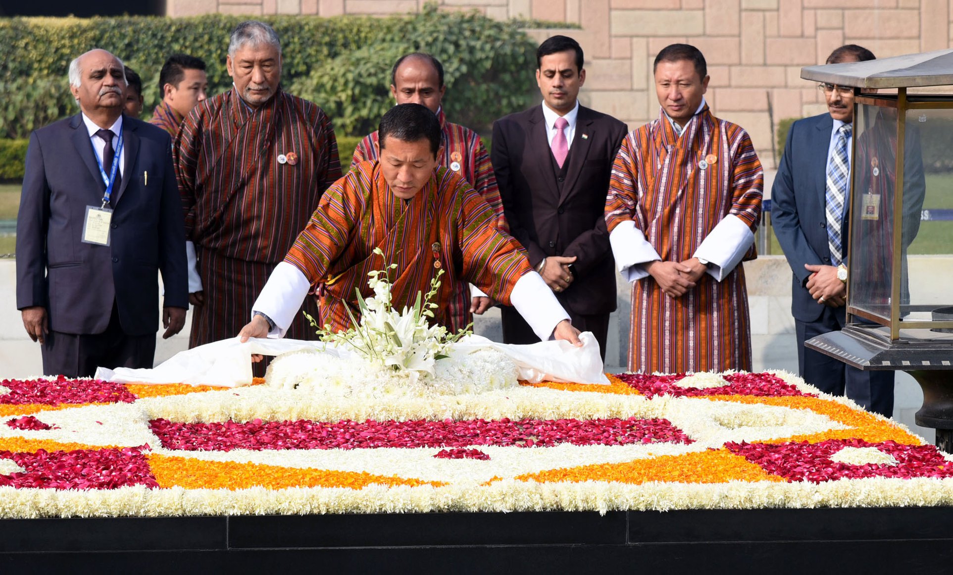 Prime Minister of Bhutan, Dr. Lotay Tshering laying wreath at the Samadhi of Mahatma Gandhi, at Rajghat, in Delhi